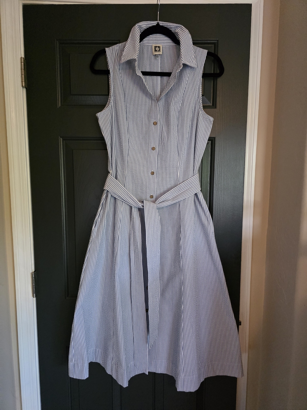 Anne Klein Blue and White Striped Sleeveless Midi Shirt Dress - Picture 2 of 5